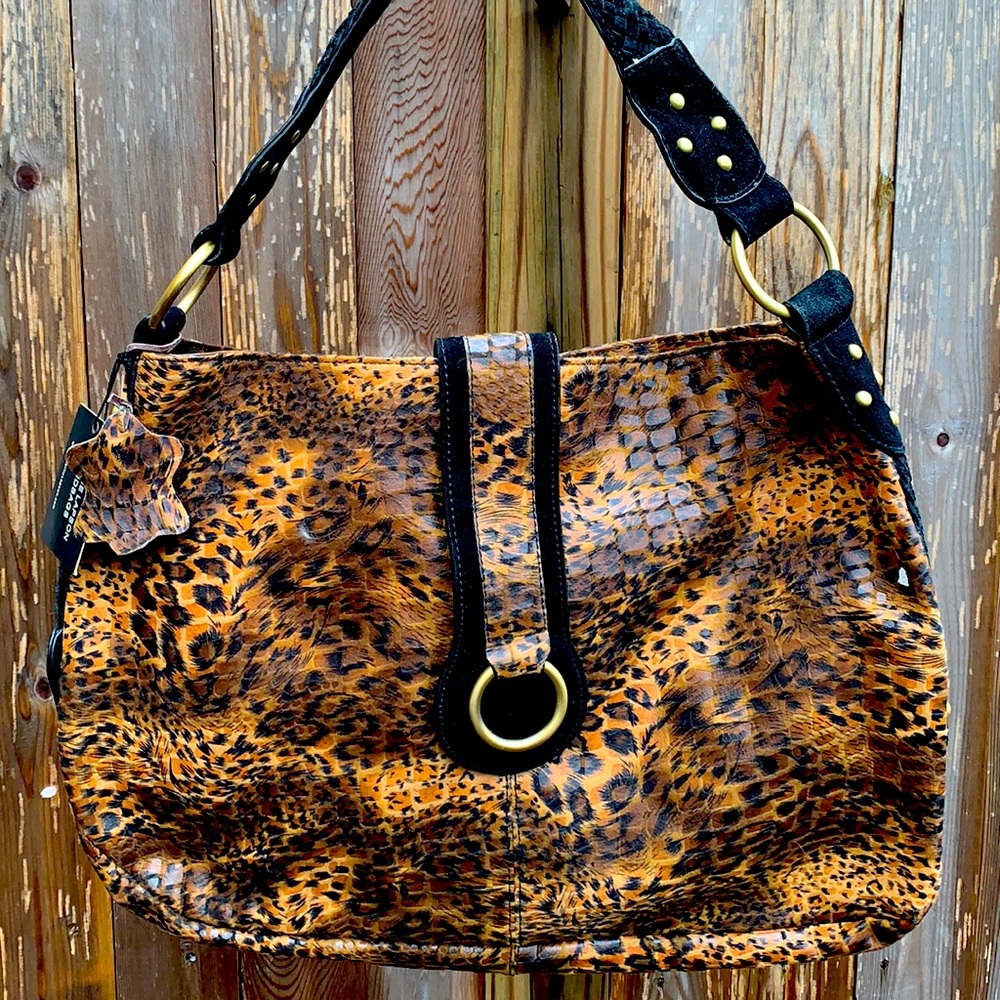 Charlie Lapson large leopard genuine leather shoulder bag & black suede trim-NEW